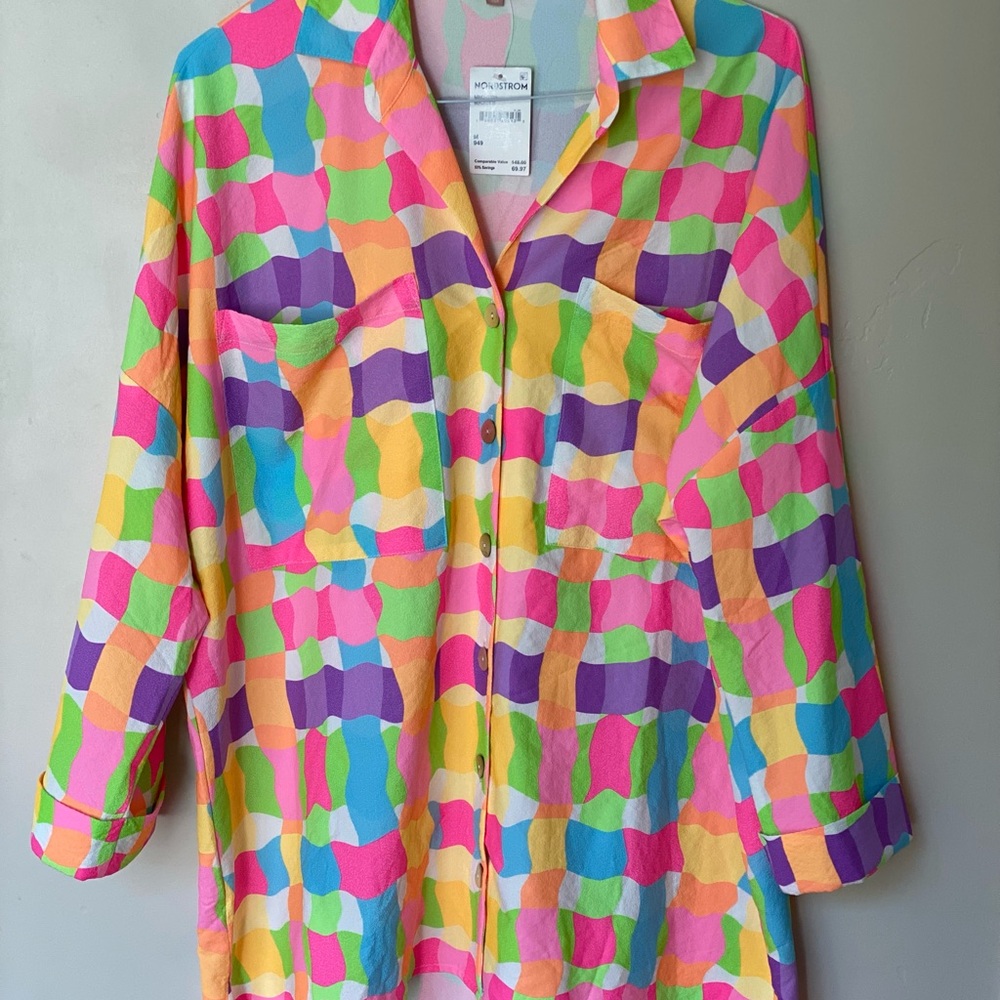 Show Me Your MuMu Vibrant Multicolor Wavy-Check Button Front Shirt